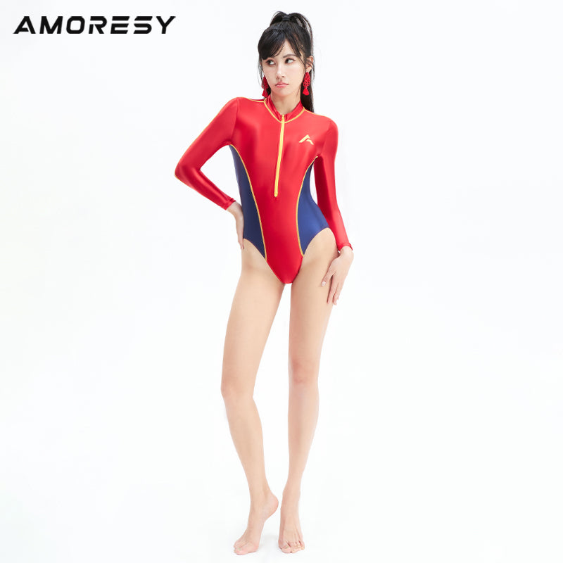 Calypsa Front-Zip High-Leg Swimsuit Leotard Swimming suit Red / M - AMORESY