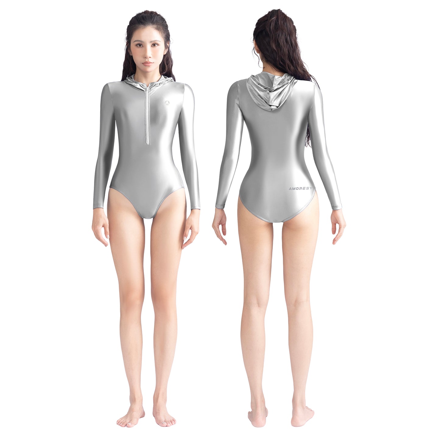 Freya Long-Sleeve Front-Zip Hooded Swimsuit Leotard