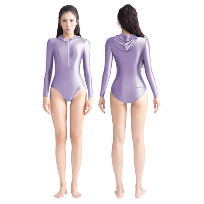Freya Long-Sleeve Front-Zip Hooded Swimsuit Leotard