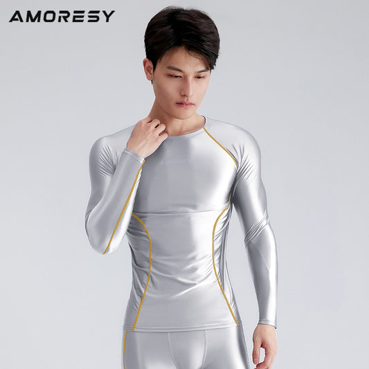 Hyperion Series Round Neck Tight Long Sleeve T-Shirt Men's Glossy Compression  Spandex