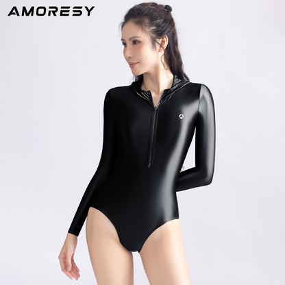 Freya Long-Sleeve Front-Zip Hooded Swimsuit Leotard