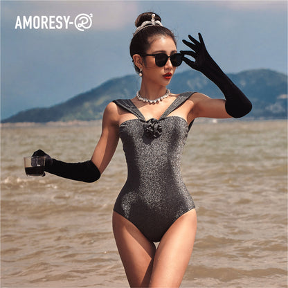 Ravenna Metallic Thread V-Strap Retro Swimsuit - AMORESY Fusion