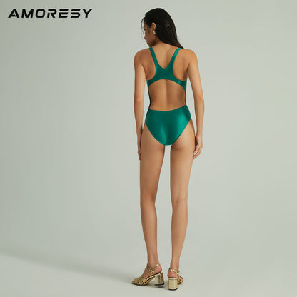 AMORESY盖亚系列高光面料绿色性感竞技泳衣