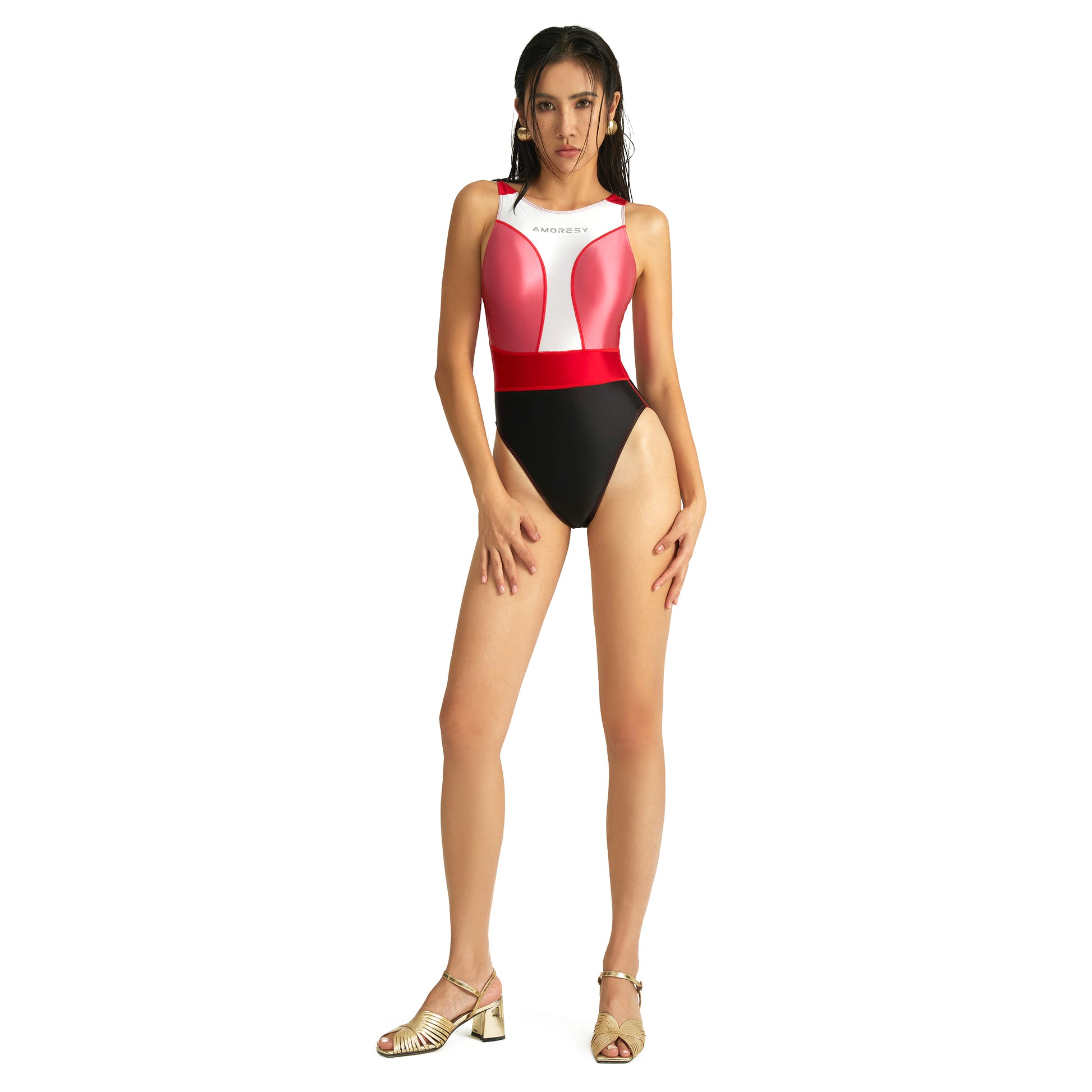 Evienne High-Leg Backless Swimsuit Leotard Swimming suit Rose Red to Black / M - AMORESY